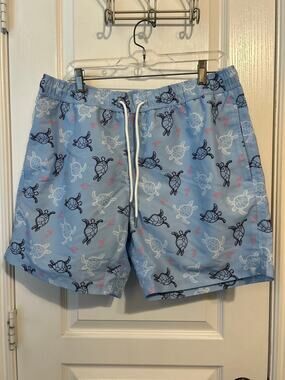 Blue Printed Swim Trunks Mens Drawstring